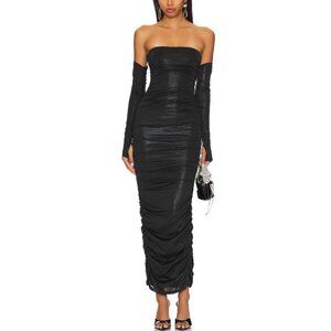 More To Come XS Metallic Ruched Midi Dress w/ Thumbhole Sleeves